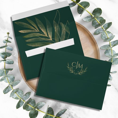 Modern Emerald Green Gold Leaf Wedding Monogram Envelope