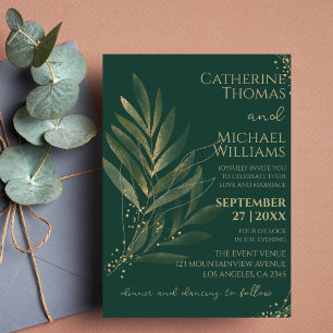 Modern Emerald Green Gold Leaf Wedding Monogram Invitation