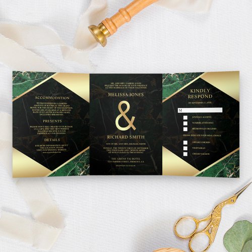 Modern Emerald Green Gold Marble Ampersand Wedding Tri_Fold Invitation