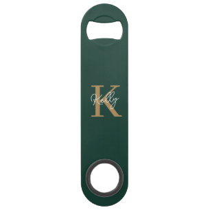 Modern Emerald Green Gold Monogram Script Bar Key