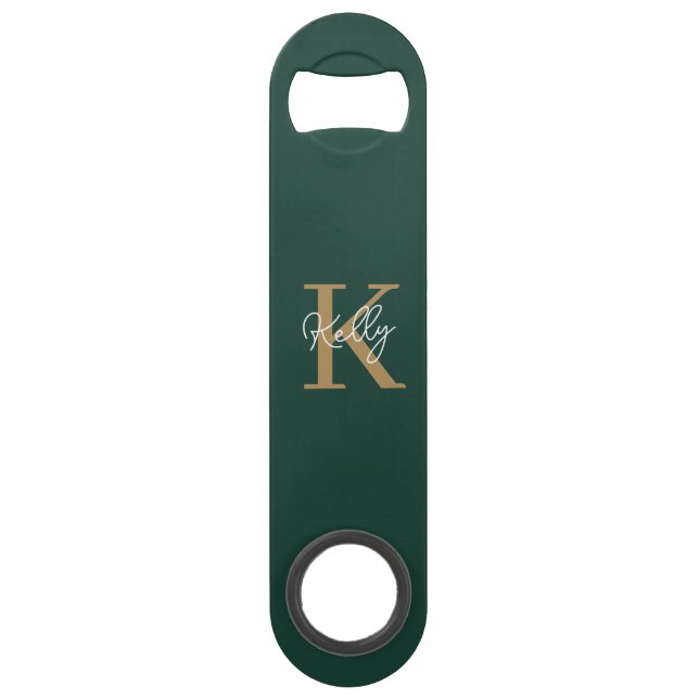 Modern Emerald Green Gold Monogram Script Bar Key (Front)