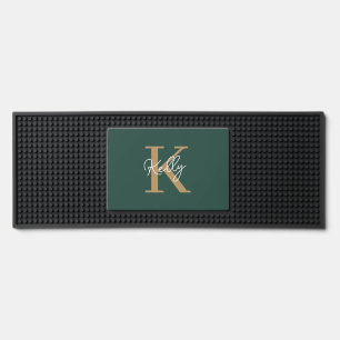 Modern Emerald Green Gold Monogram Script Bar Mat