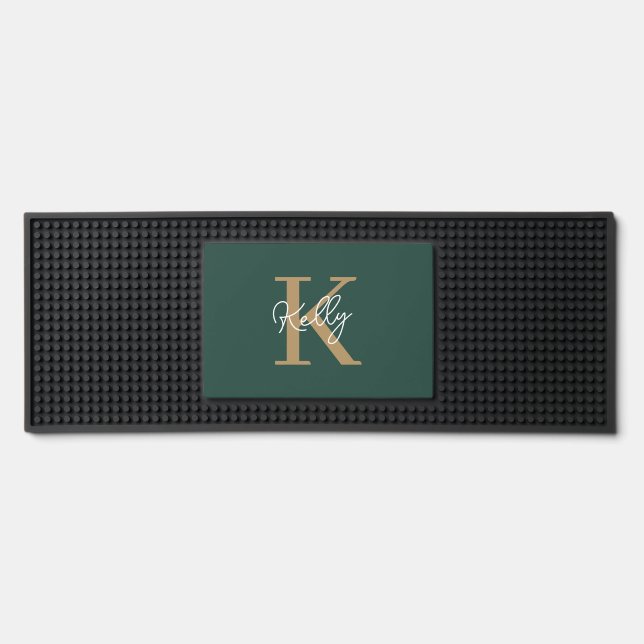 Modern Emerald Green Gold Monogram Script Bar Mat (Front)