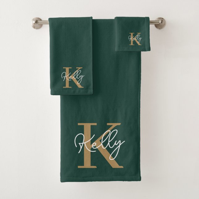 Modern Emerald Green Gold Monogram Script Bath Towel Set (Insitu)
