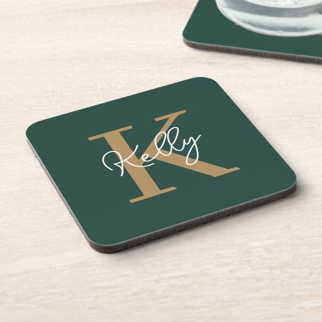 Modern Emerald Green Gold Monogram Script Beverage Coaster (Left Side)