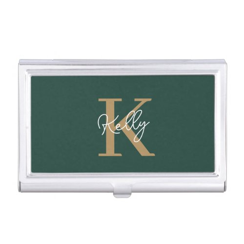 Modern Emerald Green Gold Monogram Script Business Card Case