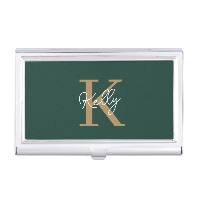 Modern Emerald Green Gold Monogram Script Business Card Case (Front)