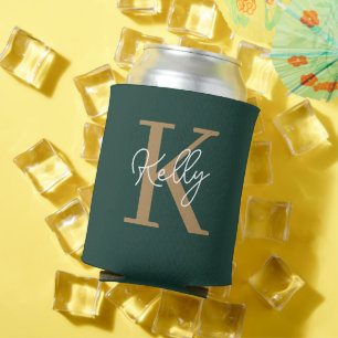 Modern Emerald Green Gold Monogram Script Can Cooler