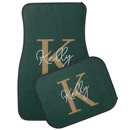 Modern Emerald Green Gold Monogram Script Car Floor Mat