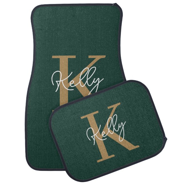 Modern Emerald Green Gold Monogram Script Car Floor Mat (Set)