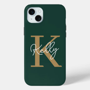 Modern Emerald Green Gold Monogram Script iPhone 15 Plus Case