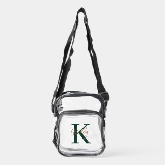 Modern Emerald Green Gold Monogram Script Clear Crossbody Bag