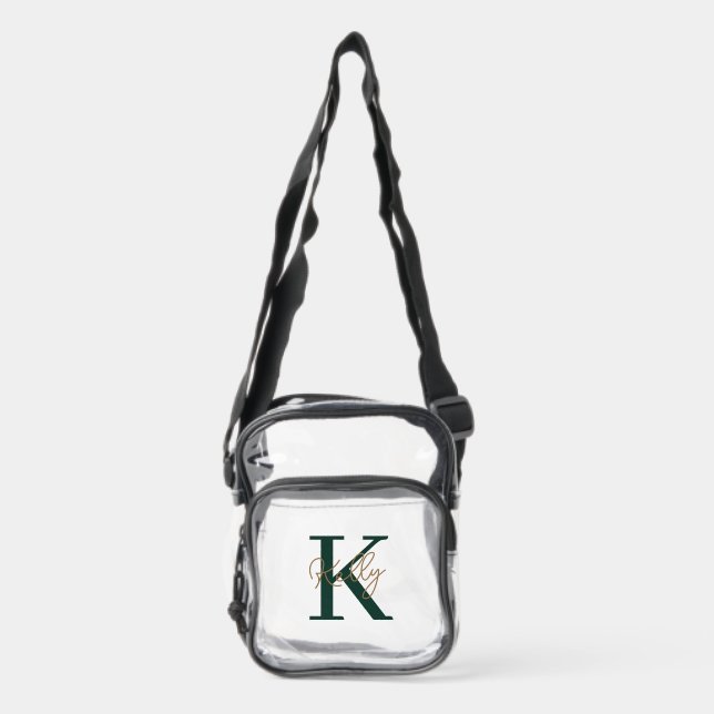 Modern Emerald Green Gold Monogram Script Clear Crossbody Bag (Front)