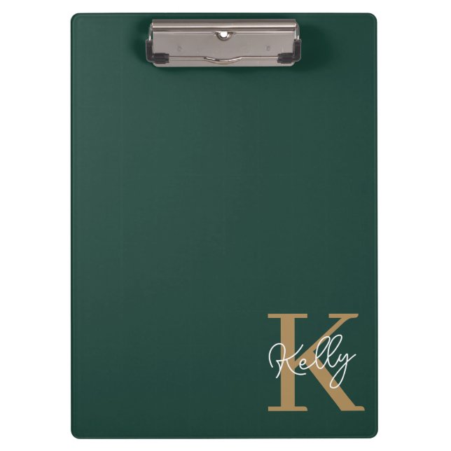 Modern Emerald Green Gold Monogram Script Clipboard (Front)