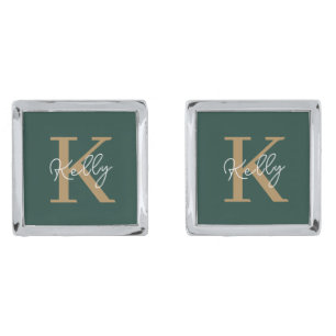 Modern Emerald Green Gold Monogram Script Cufflinks