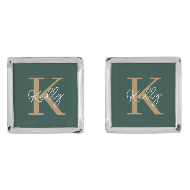 Modern Emerald Green Gold Monogram Script Cufflinks (Front)