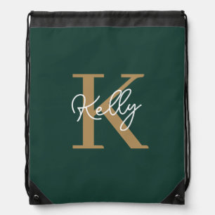 Modern Emerald Green Gold Monogram Script Drawstring Bag