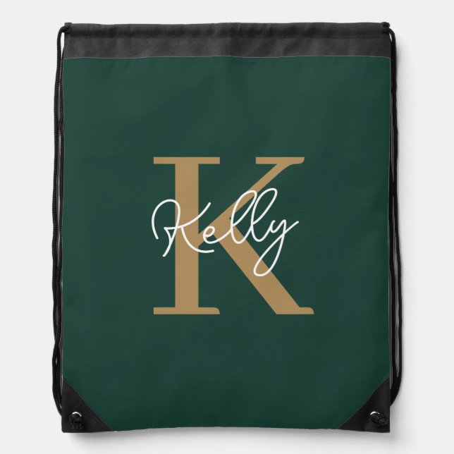 Modern Emerald Green Gold Monogram Script Drawstring Bag (Front)