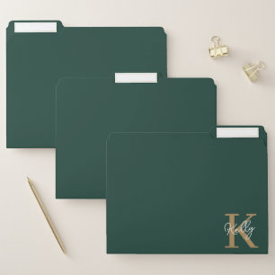 Modern Emerald Green Gold Monogram Script File Folder