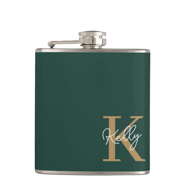 Modern Emerald Green Gold Monogram Script Flask (Front)
