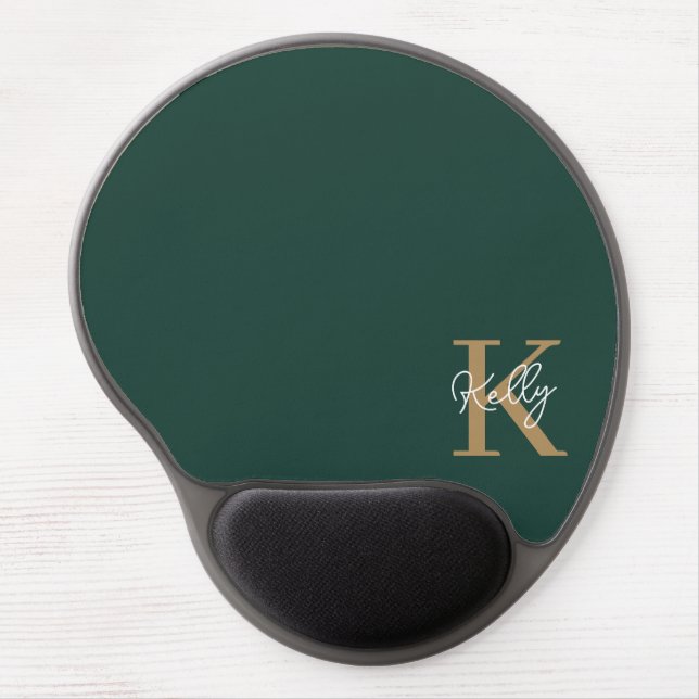 Modern Emerald Green Gold Monogram Script Gel Mouse Pad (Front)
