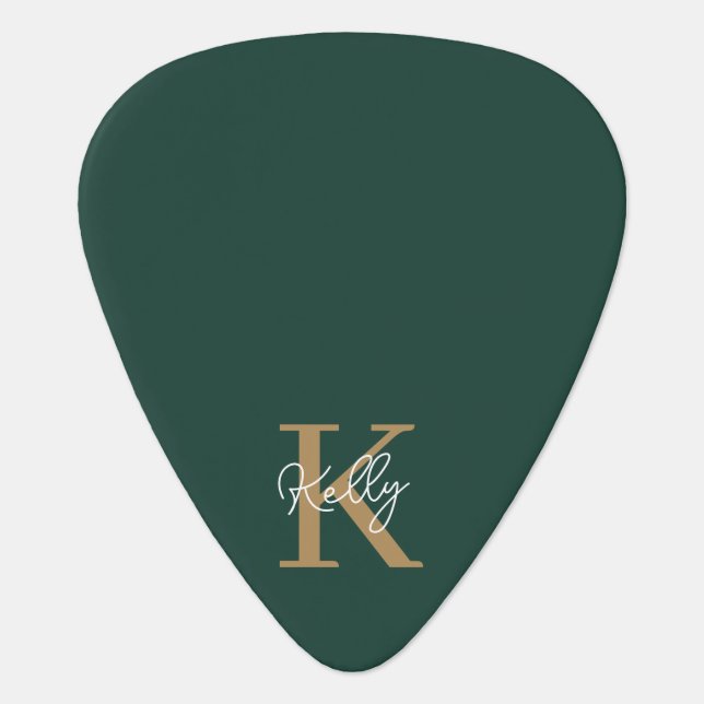 Modern Emerald Green Gold Monogram Script Guitar Pick (Front)