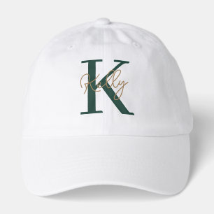Modern Emerald Green Gold Monogram Script Hat