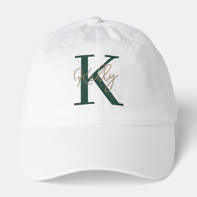 Modern Emerald Green Gold Monogram Script Hat (Front)