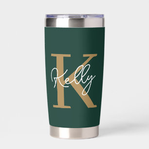 Modern Emerald Green Gold Monogram Script Insulated Tumbler