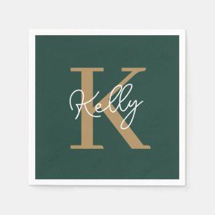 Modern Emerald Green Gold Monogram Script Napkins