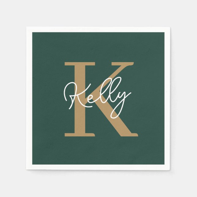 Modern Emerald Green Gold Monogram Script Napkins (Front)