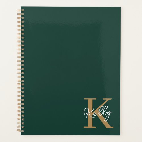 Modern Emerald Green Gold Monogram Script Planner