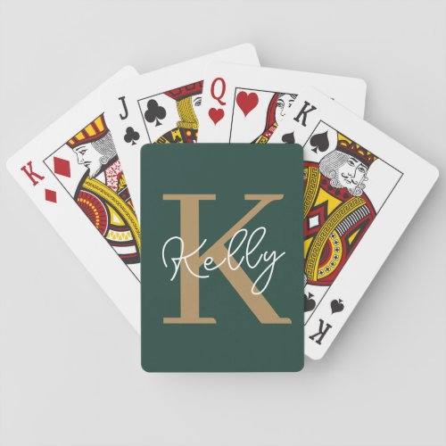 Modern Emerald Green Gold Monogram Script Poker Cards