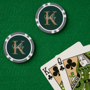 Modern Emerald Green Gold Monogram Script Poker Chips