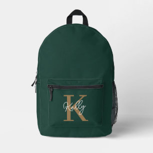 Modern Emerald Green Gold Monogram Script Printed Backpack
