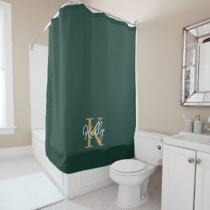Modern Emerald Green Gold Monogram Script Shower Curtain