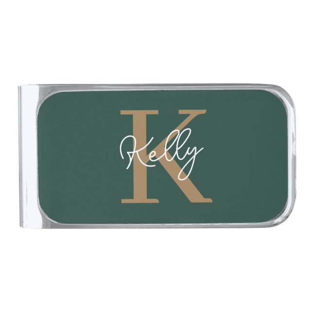 Modern Emerald Green Gold Monogram Script Silver Finish Money Clip (Front)