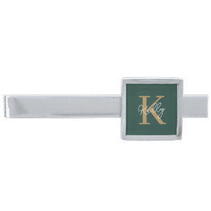 Modern Emerald Green Gold Monogram Script Silver Finish Tie Bar
