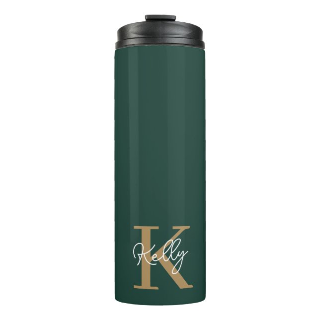 Modern Emerald Green Gold Monogram Script Thermal Tumbler (Front)