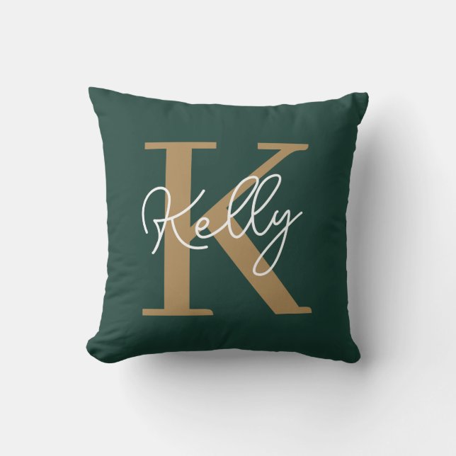 Modern Emerald Green Gold Monogram Script Throw Pillow (Front)