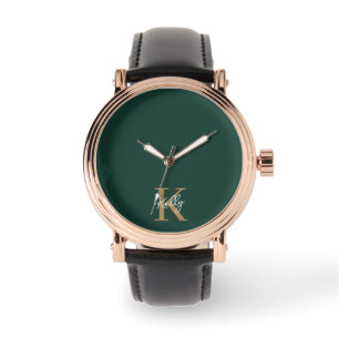 Modern Emerald Green Gold Monogram Script Watch