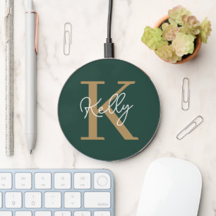 Modern Emerald Green Gold Monogram Script Wireless Charger
