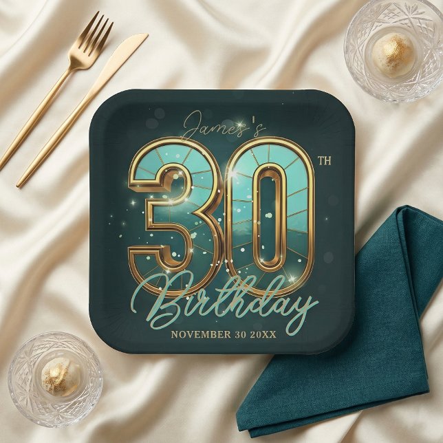 Modern Emerald Green Gold Typography 30th Birthday Paper Plates (Creator Uploaded)