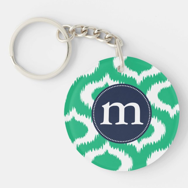 Modern Emerald Green Ikat Diamonds Personalized Keychain (Front)