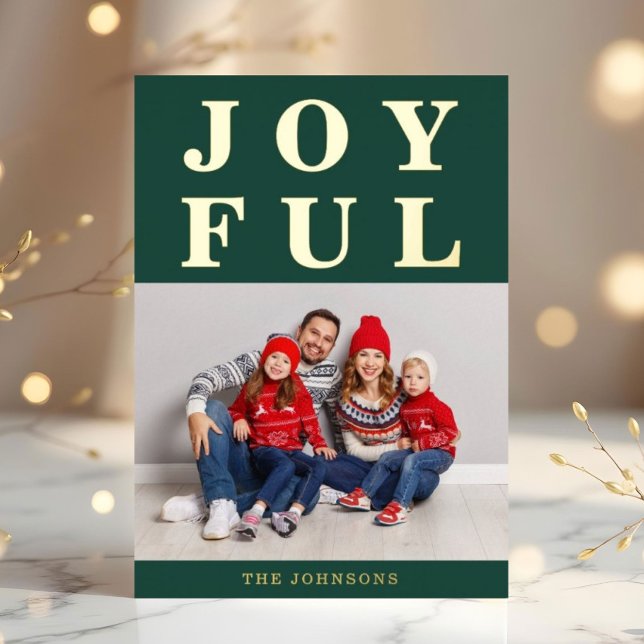 Modern Emerald Green Joyful Christmas Photo Gold  Foil Holiday Card (Modern Emerald Green Joyful Christmas Photo Gold Foil Holiday Card)