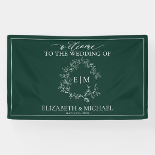 Modern Emerald Green Leafy Crest Monogram Wedding Banner