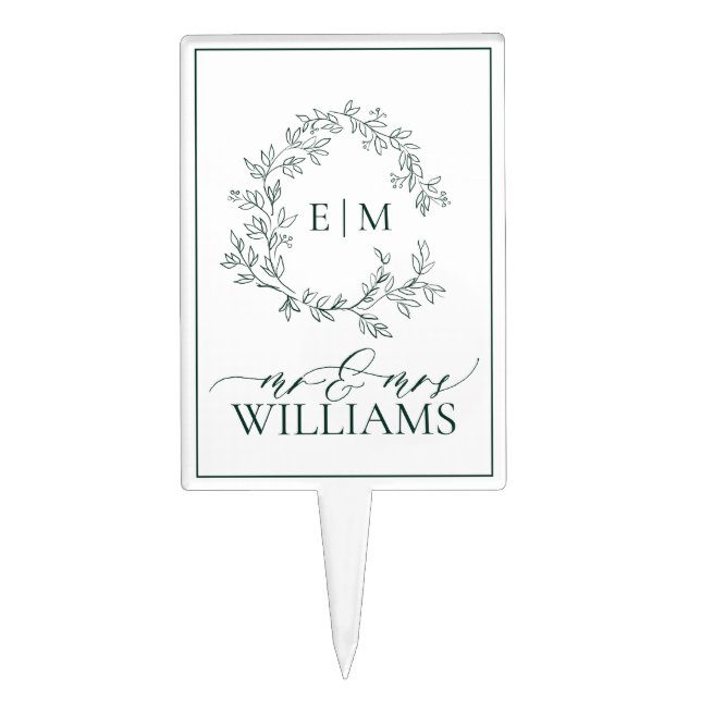 Modern Emerald Green Leafy Crest Monogram Wedding Cake Topper (Front)