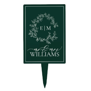 Modern Emerald Green Leafy Crest Monogram Wedding Cake Topper