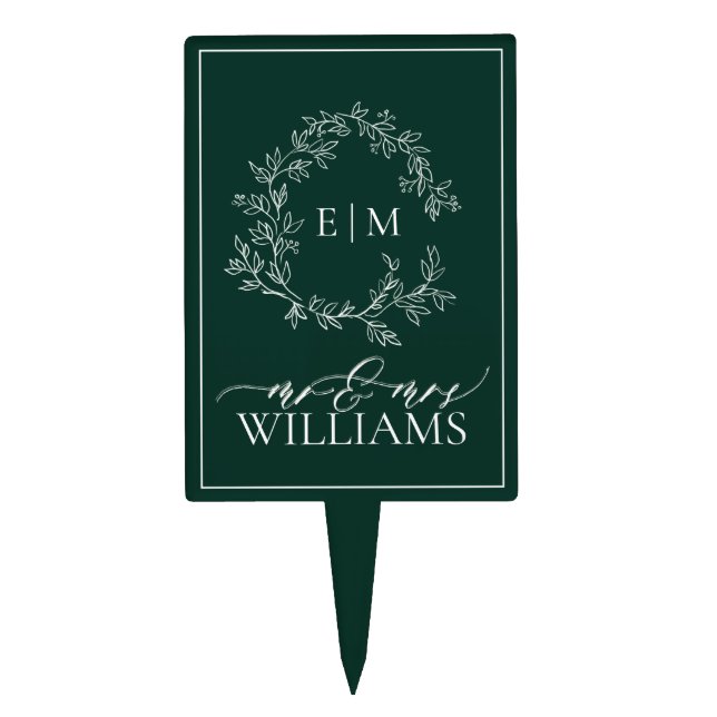 Modern Emerald Green Leafy Crest Monogram Wedding Cake Topper (Front)