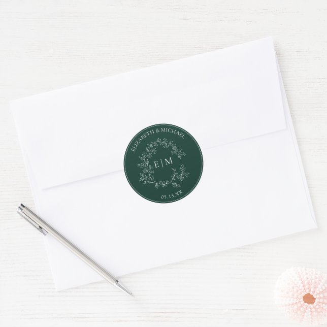 Modern Emerald Green Leafy Crest Monogram Wedding Classic Round Sticker (Envelope)